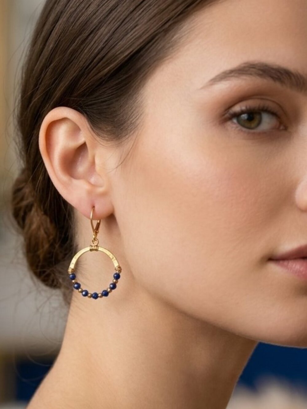 Gold Circle Sapphire Bead Earrings